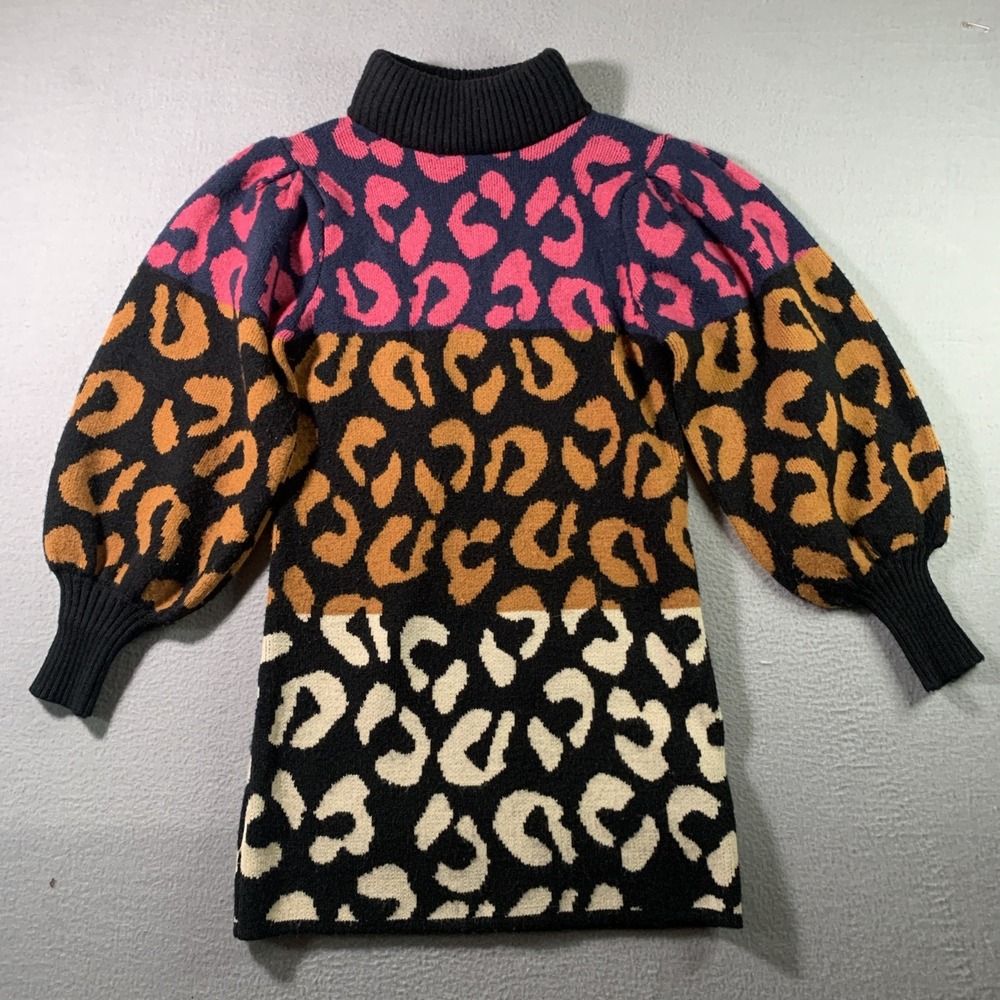 FARM Rio Leopard Pattern Sweater Dress High Neck Multicolored Sz XS